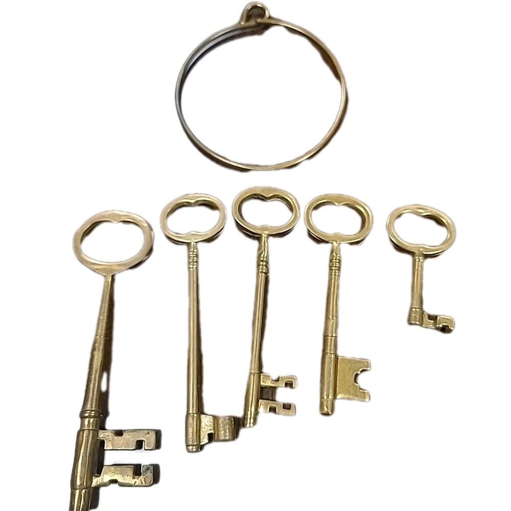 Vintage Skeleton Key Set Brass Plated Metal Ring Decorative Jail Style Rustic